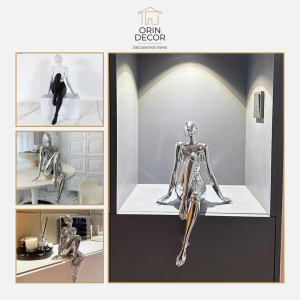 Tượng Orin Decor Cô Gái Bạc Hiện Đại Độc Đáo Ngồi nghệ thuật