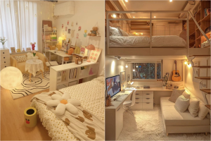 Decor phòng ngủ với đèn, tranh, thảm và rèm